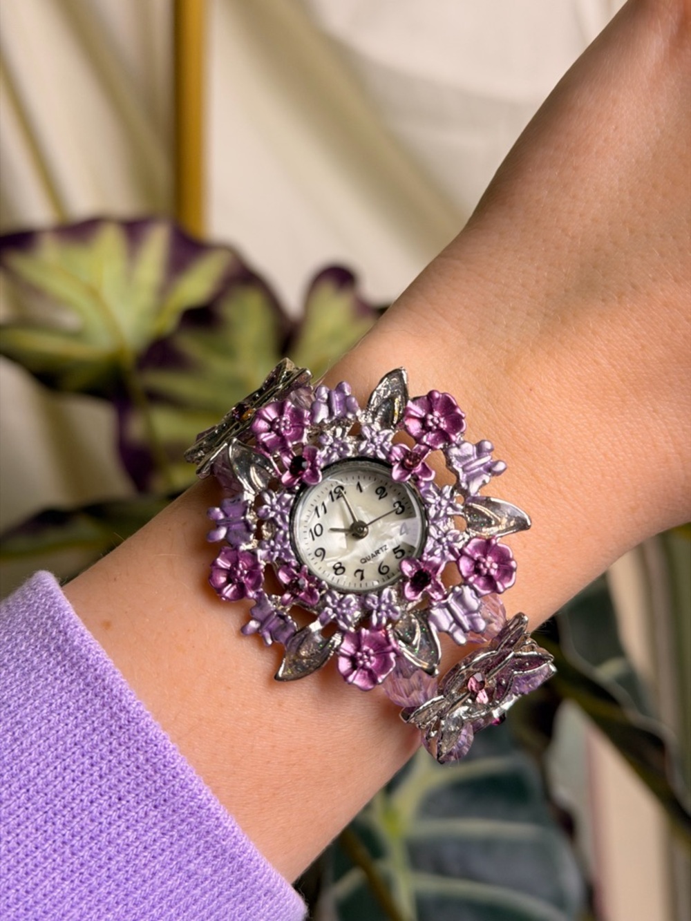 Floral Purple Crystal Bracelet Watch - Women's Accessory